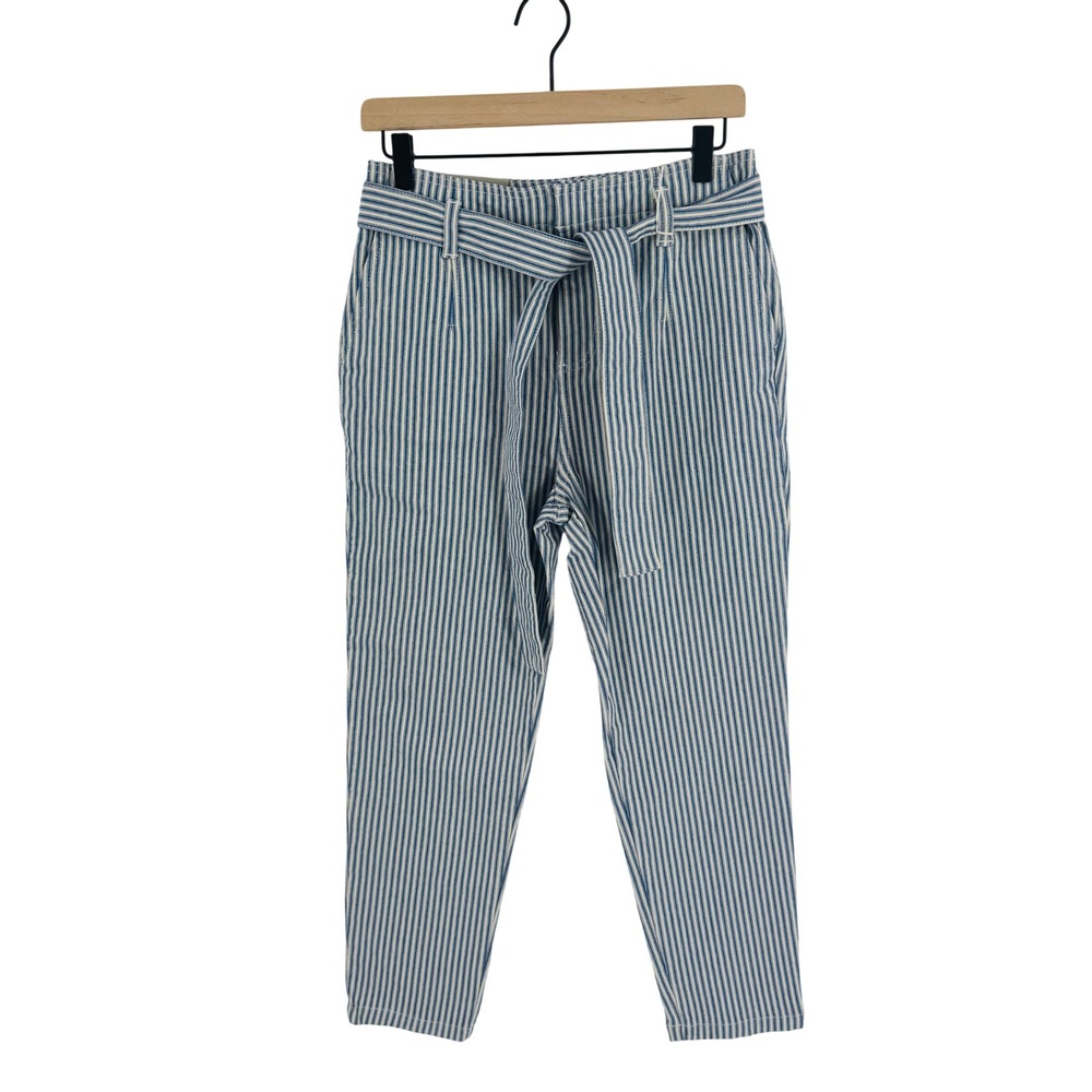 Boden Tapered Denim Striped Tie Waist Pants Blue White US 2 NWT Spring Preppy